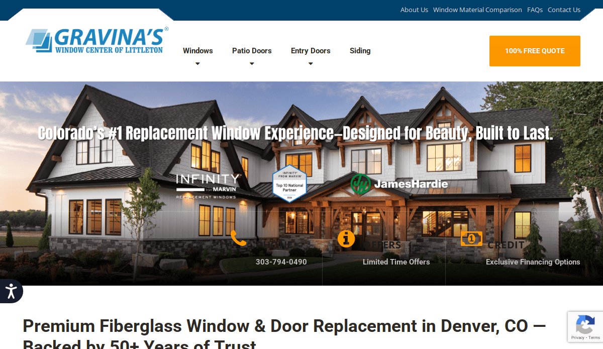 A modern two-story house with large windows is featured on the homepage of Gravina’s Window Center of Littleton. The website offers window and door replacements, with a “100% Free Quote” button and contact information displayed.
