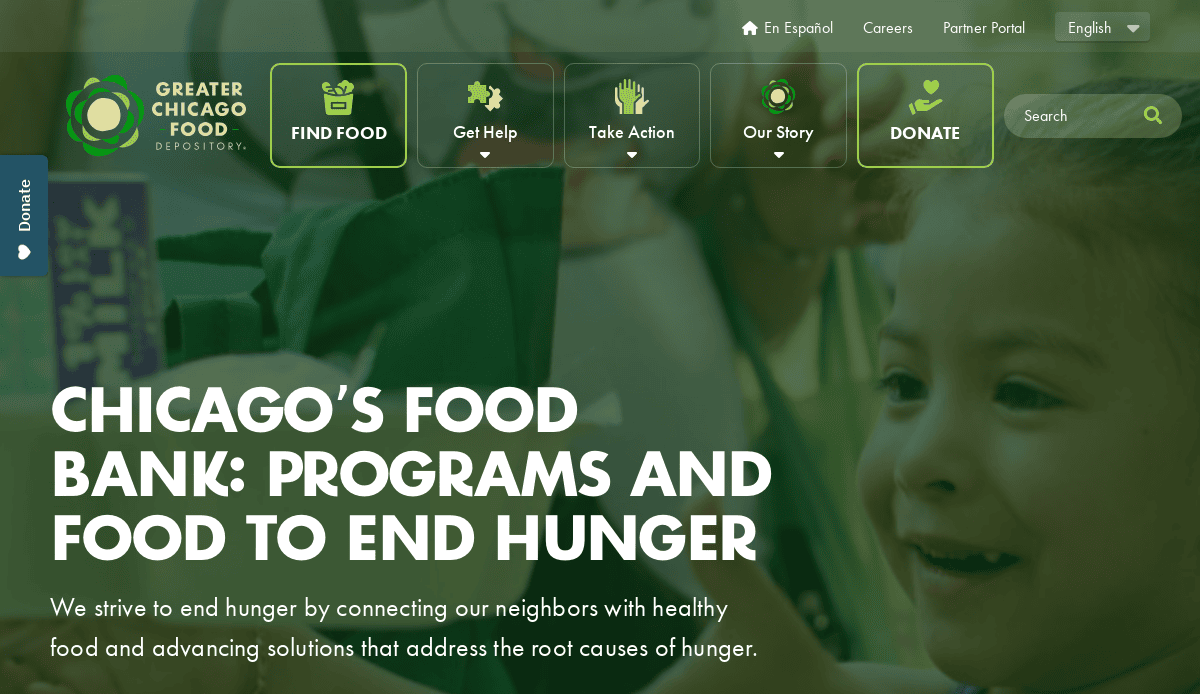 A website homepage for the Greater Chicago Food Depository, featuring a banner with smiling children, a navigation menu, and a headline about programs and food to end hunger in Chicago.