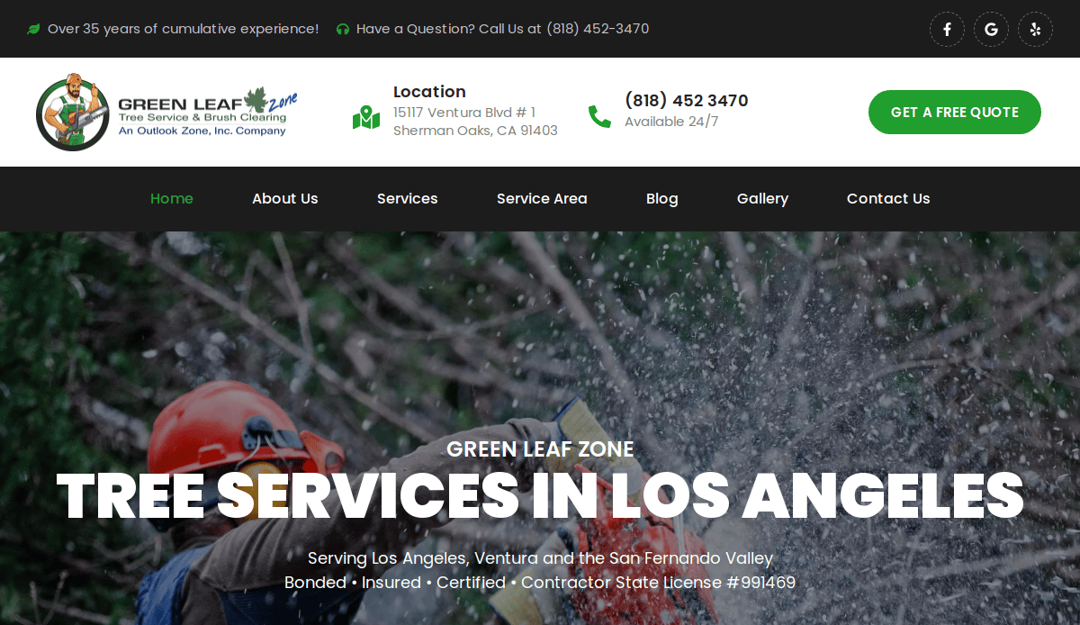 Screenshot of the Green Leaf Zone website showing their logo, contact info, and menu bar. Main headline reads Tree Services in Los Angeles over an image of a worker with a chainsaw. Green and black design theme.