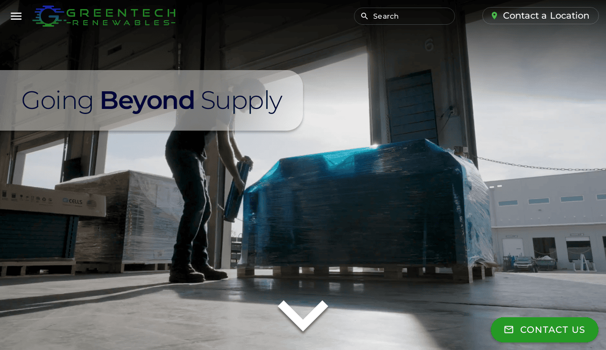 A worker in a warehouse wraps blue plastic around a pallet of goods near an open loading dock. Sunlight streams in, and the text Going Beyond Supply appears on the image.