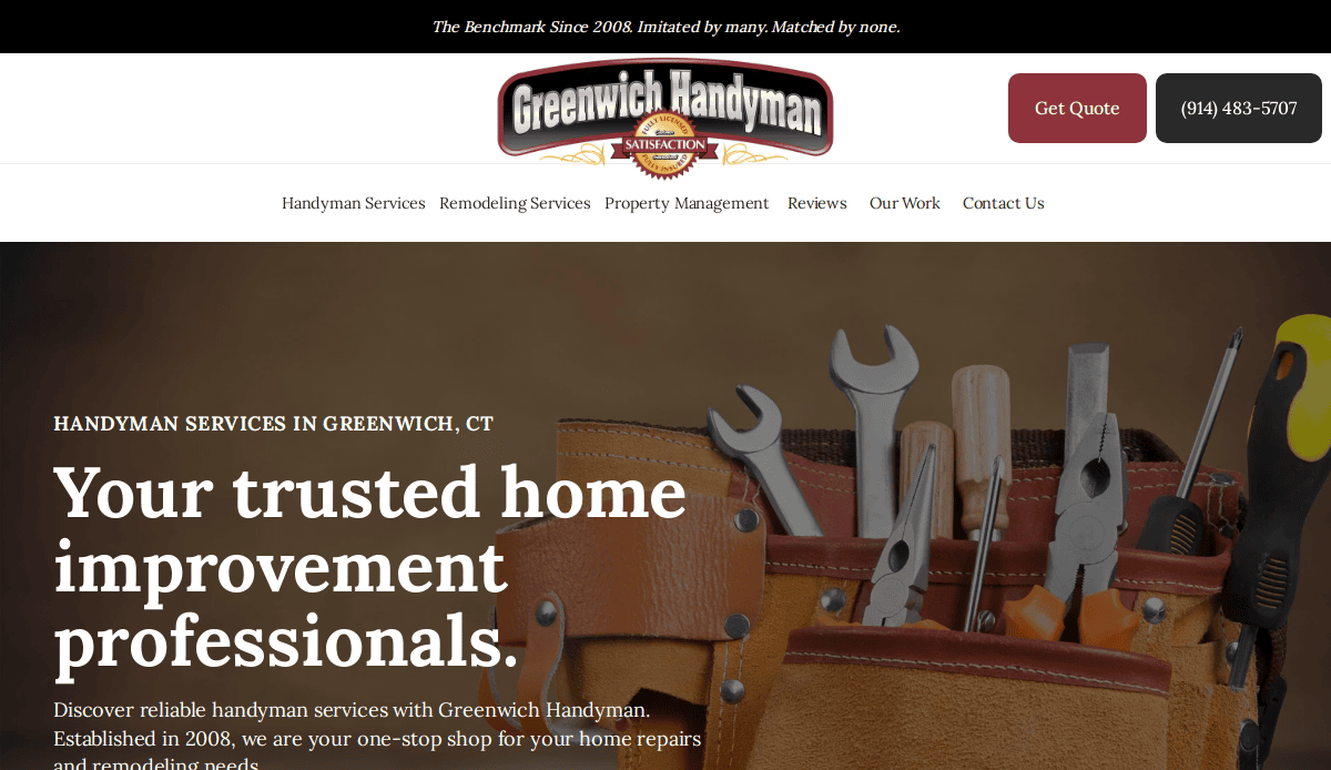 A website for Greenwich Handyman shows a leather tool belt with various tools, and text promoting trusted home improvement services in Greenwich, CT. The top menu includes a Get Quote button and contact phone number.