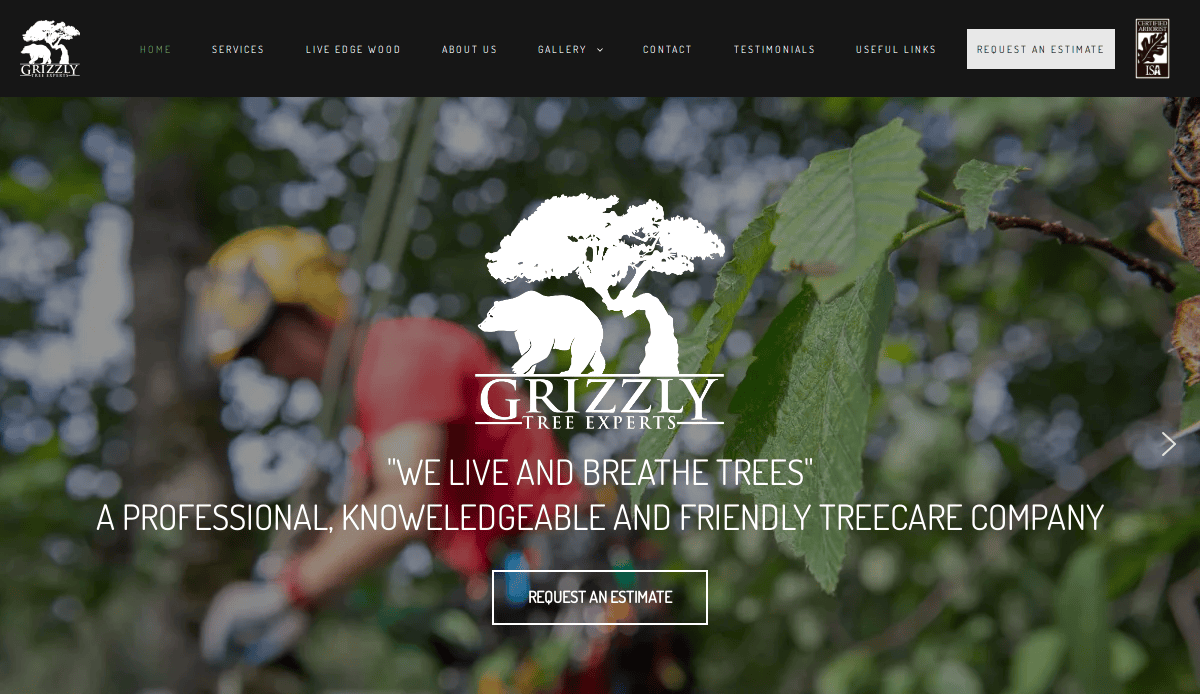Website homepage for Grizzly Tree Experts showing a blurred tree worker in safety gear, a large white tree logo, and the tagline, We live and breathe trees. Buttons for requesting an estimate and navigation are visible.