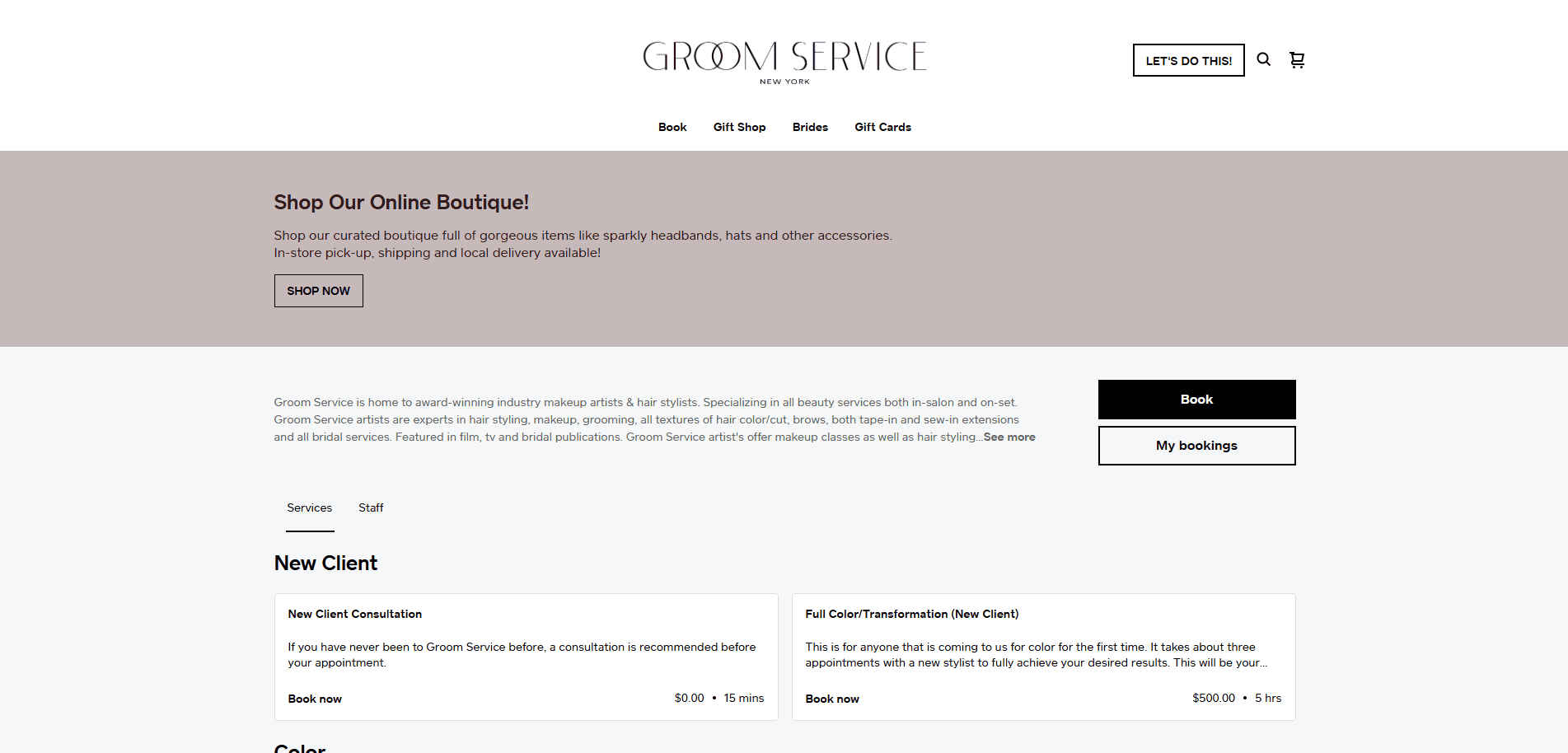 Screenshot of the Groom Service New York website homepage, featuring a navigation menu, online boutique promotion, booking options, service descriptions, and pricing for hair and beauty consultations.