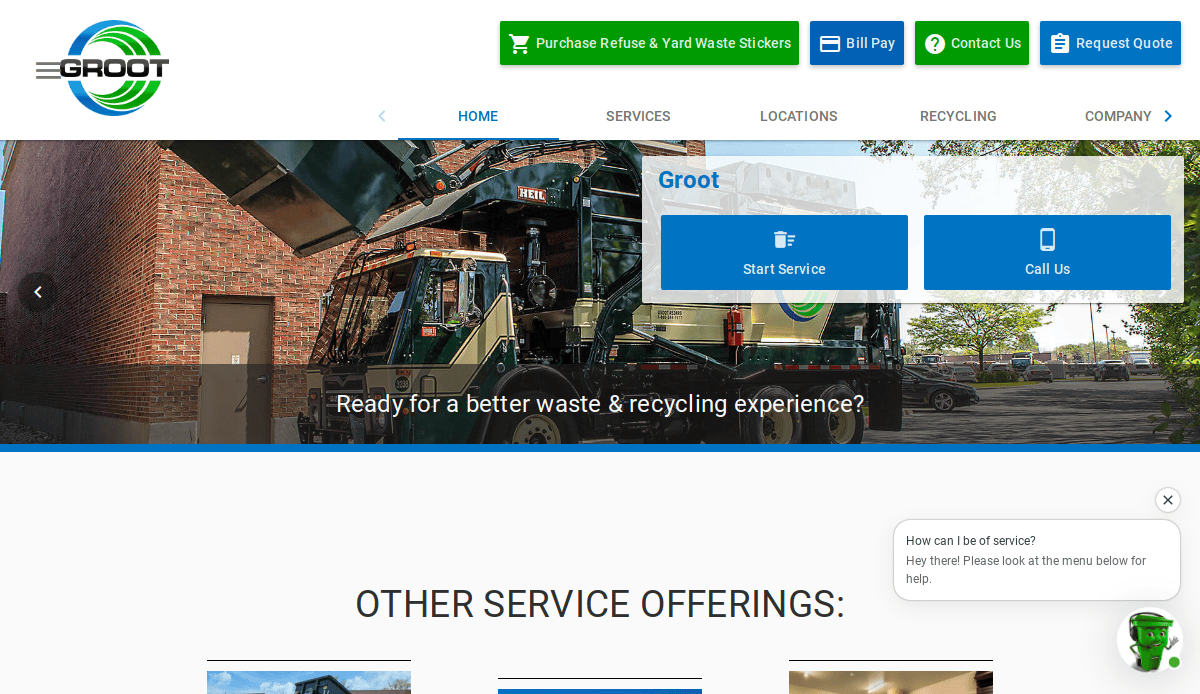 Screenshot of the Groot website homepage, featuring navigation buttons for bill pay, contact, and quote requests. A garbage truck is pictured, with text offering refuse and recycling services. A chat help pop-up appears at the bottom right.