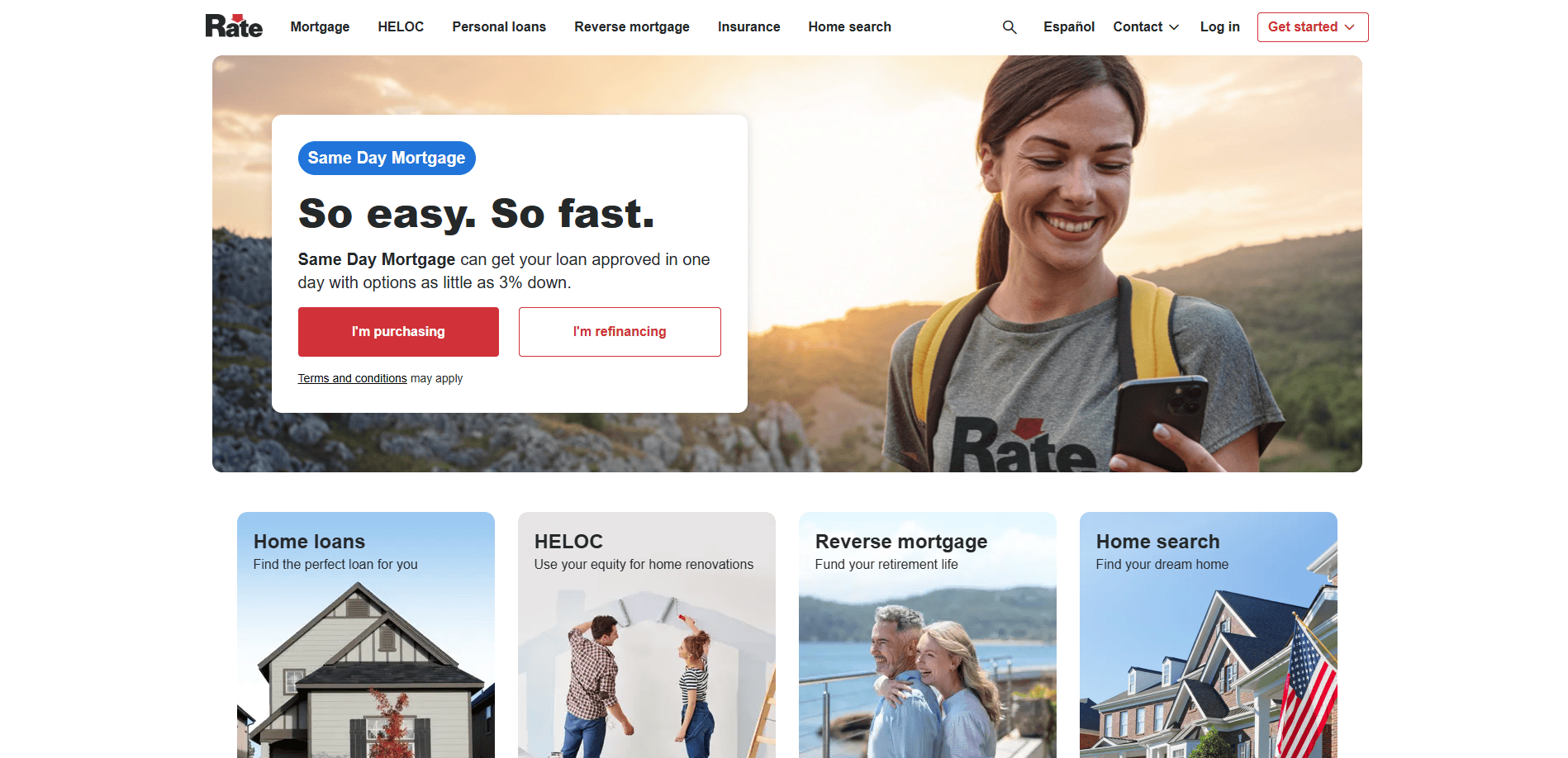 Screenshot of a mortgage website homepage featuring a smiling woman with a backpack looking at her phone. The page offers options for home loans, HELOC, reverse mortgage, and home search.