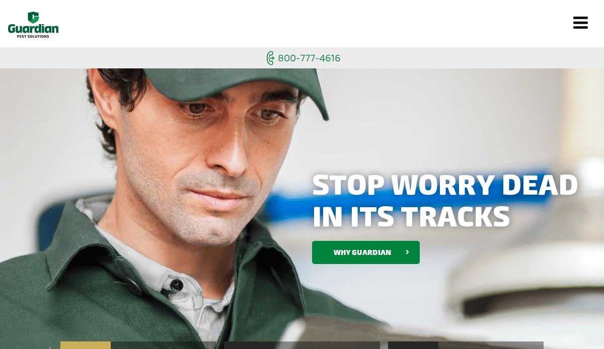 A man in a green uniform and cap looks down with focus. Overlaid text reads, STOP WORRY DEAD IN ITS TRACKS. A green button below says, WHY GUARDIAN. Guardian Pest Solutions logo and phone number appear at the top.