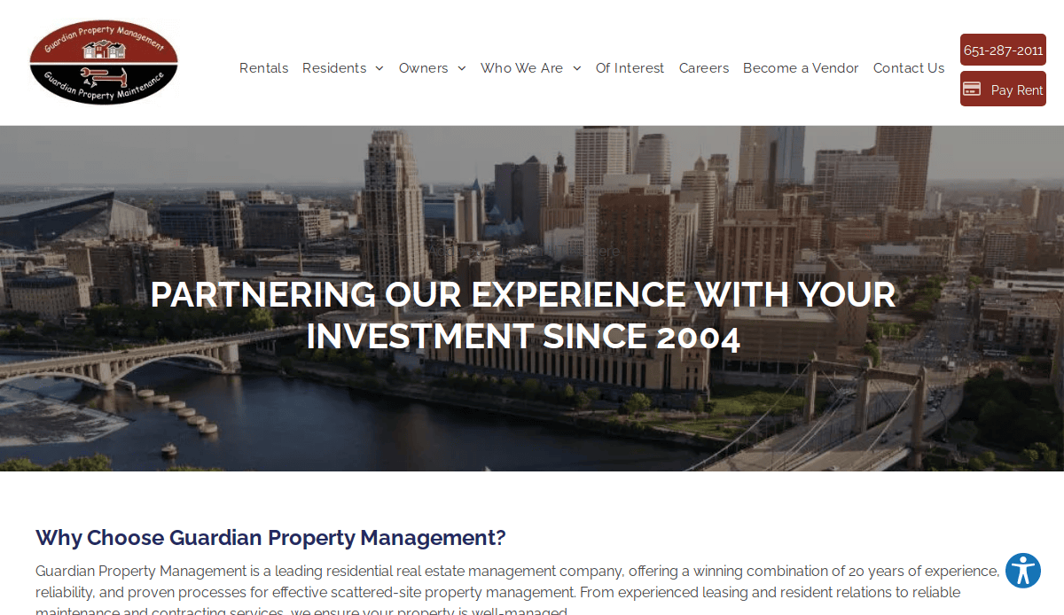 Aerial view of a city skyline with tall buildings and a river; text overlay reads, Partnering our experience with your investment since 2004. Guardian Property Management website navigation is visible at the top.