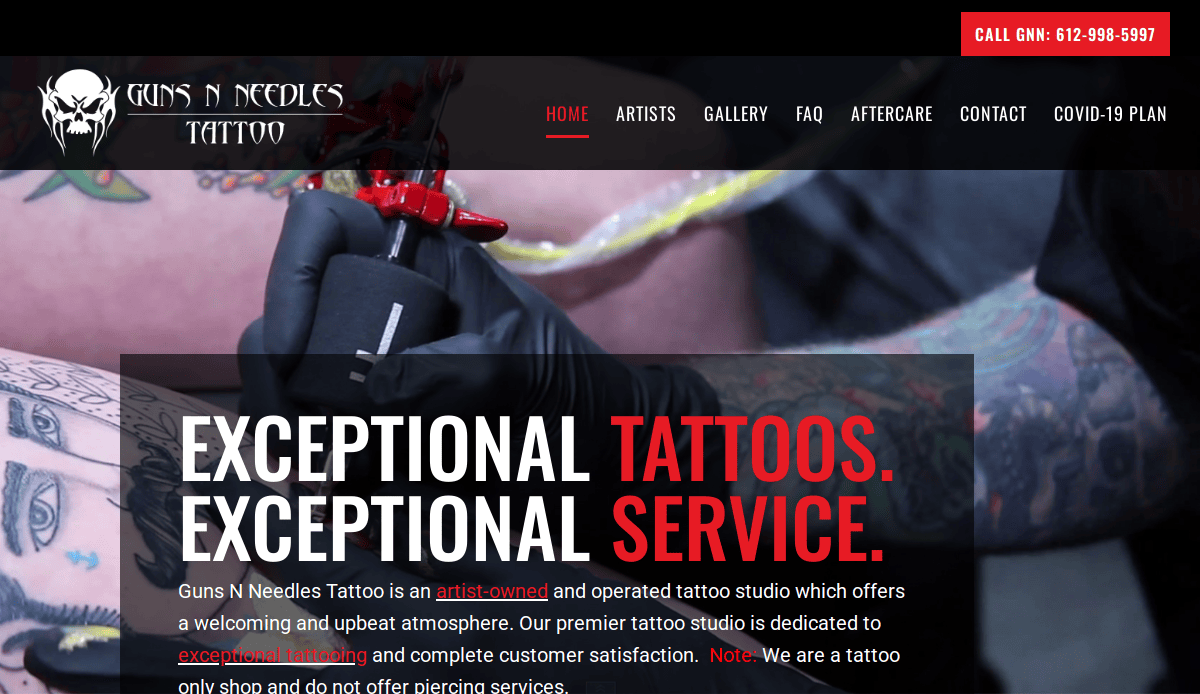 A tattoo artist wearing black gloves uses a tattoo machine on a persons arm. Bold text overlays the image, reading EXCEPTIONAL TATTOOS. EXCEPTIONAL SERVICE. The website menu and contact number are visible.