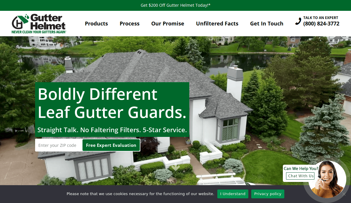 Aerial view of a white house with well-kept landscaping near a lake. A large green banner promotes “Boldly Different Leaf Gutter Guards” with a phone number and offer for a free expert evaluation. A woman’s chat icon appears in the corner.