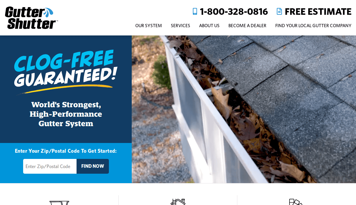 Close-up of a house roof with leaves clogging the gutter; Gutter Shutter branding, phone number, and Clog-Free Guaranteed! slogan are visible on the website header.