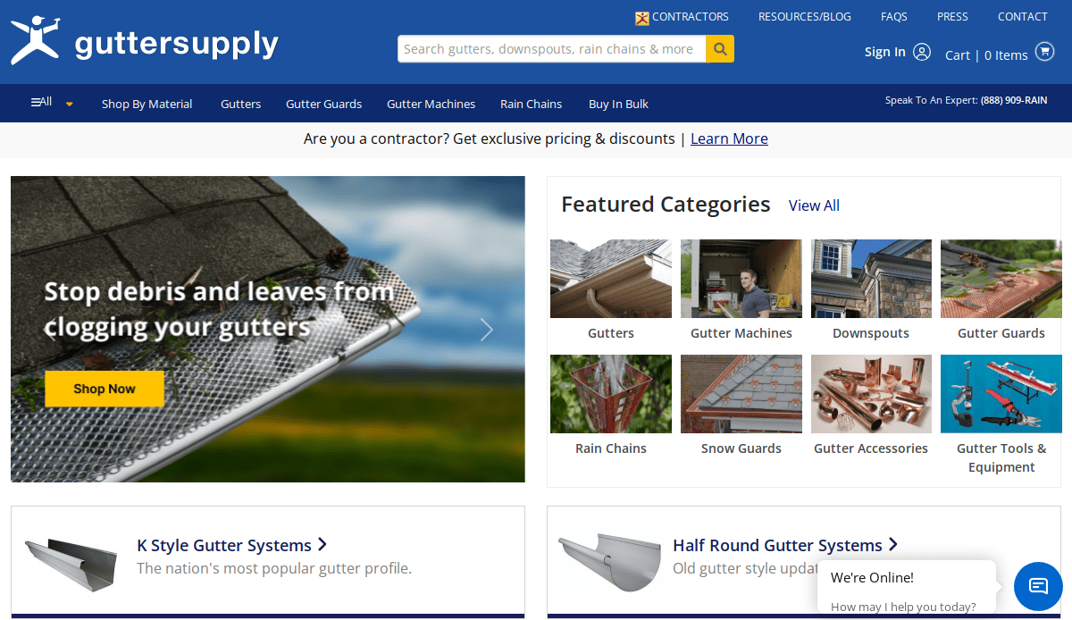 Screenshot of the Gutter Supply website homepage, showing product categories like gutters, gutter machines, downspouts, and gutter guards, with navigation menus and a large featured image of a gutter guard blocking leaves.