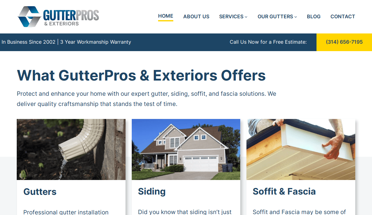 Screenshot of the GutterPros & Exteriors website, showing their logo, navigation menu, contact info, and descriptions of services including gutters, siding, and soffit & fascia, with related images.
