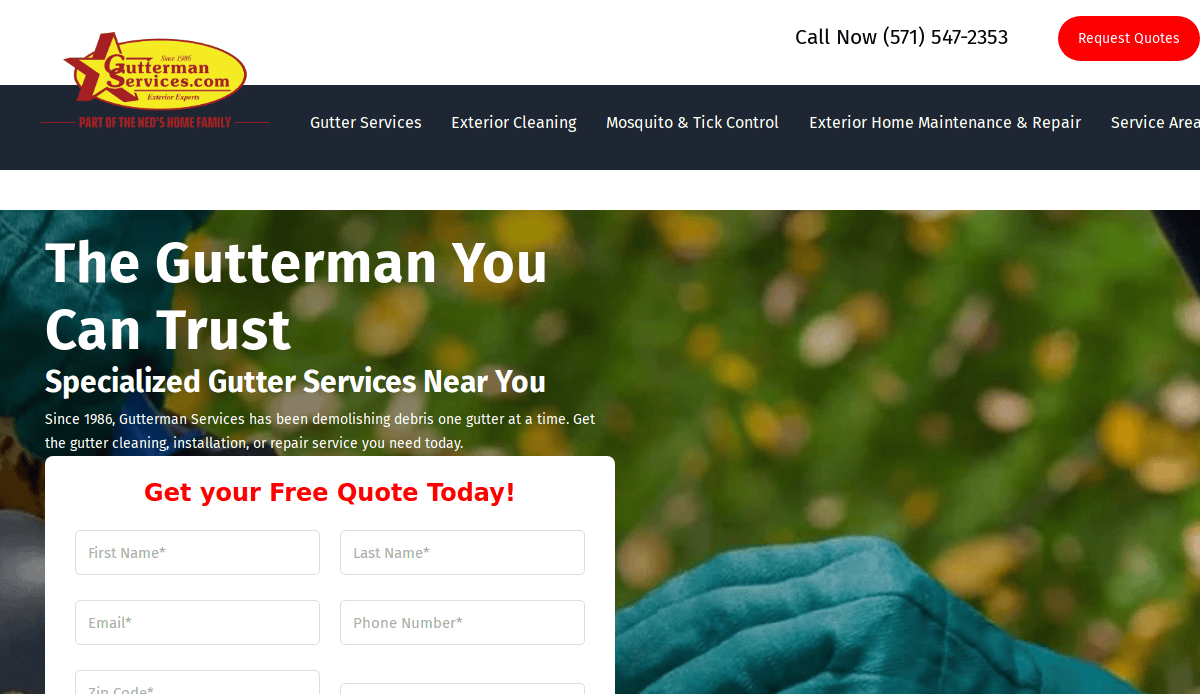 Screenshot of The Gutterman Services website showing the company logo, contact number, a red Request Quotes button, and a form to get a free quote for gutter services. Background shows a close-up of gloved hands cleaning a gutter.