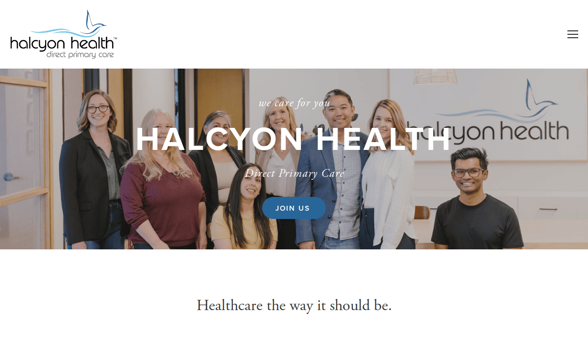 A diverse group of seven smiling people pose in an office lobby with the Halcyon Health logo on the wall. Text overlay reads “HALCYON HEALTH Direct Primary Care. JOIN US.”.