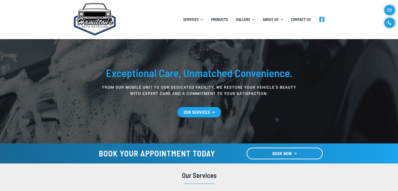Website homepage for a car detailing service featuring a foam-covered vehicle, company logo, navigation menu, contact icons, and a banner inviting users to book an appointment.
