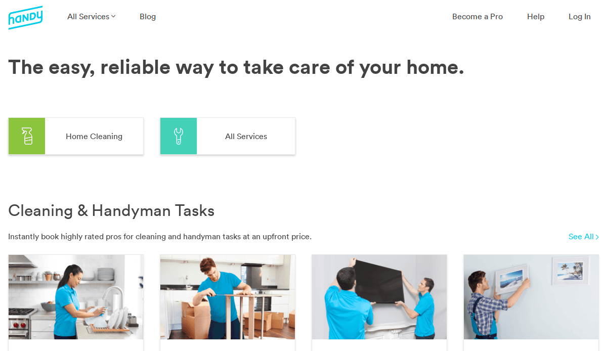 Screenshot of Handys website homepage showing the tagline “The easy, reliable way to take care of your home,” menu options, and images of professionals performing cleaning and handyman tasks such as organizing, vacuuming, and hanging frames.