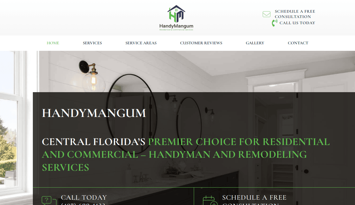 Screenshot of HandyMangum’s website homepage featuring their logo, navigation menu, and tagline: “Central Florida’s premier choice for residential and commercial – handyman and remodeling services.”.