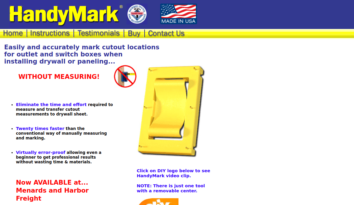 Screenshot of the HandyMark website showing a yellow handy tool for marking cutout locations on drywall, product features listed on the left, and a red notice about availability at Menards and Harbor Freight at the bottom.