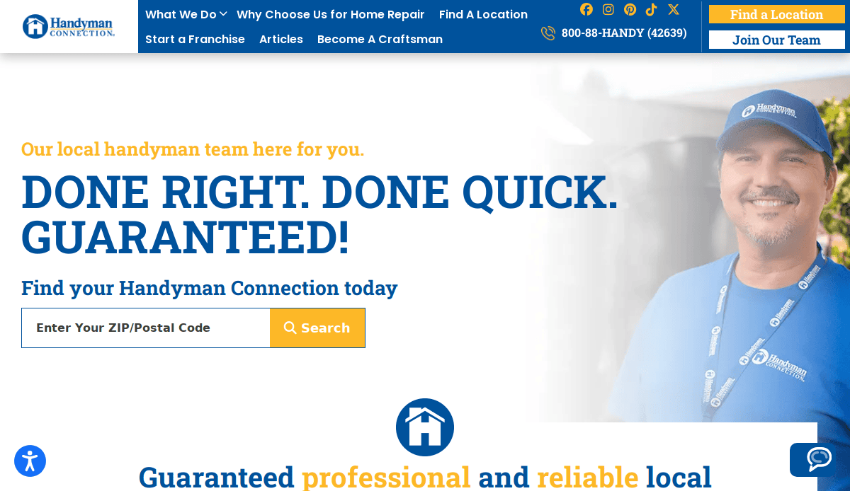 Screenshot of Handyman Connection website. The page features a smiling handyman in uniform on the right and text promoting fast, reliable local handyman services with a ZIP code search box on the left.