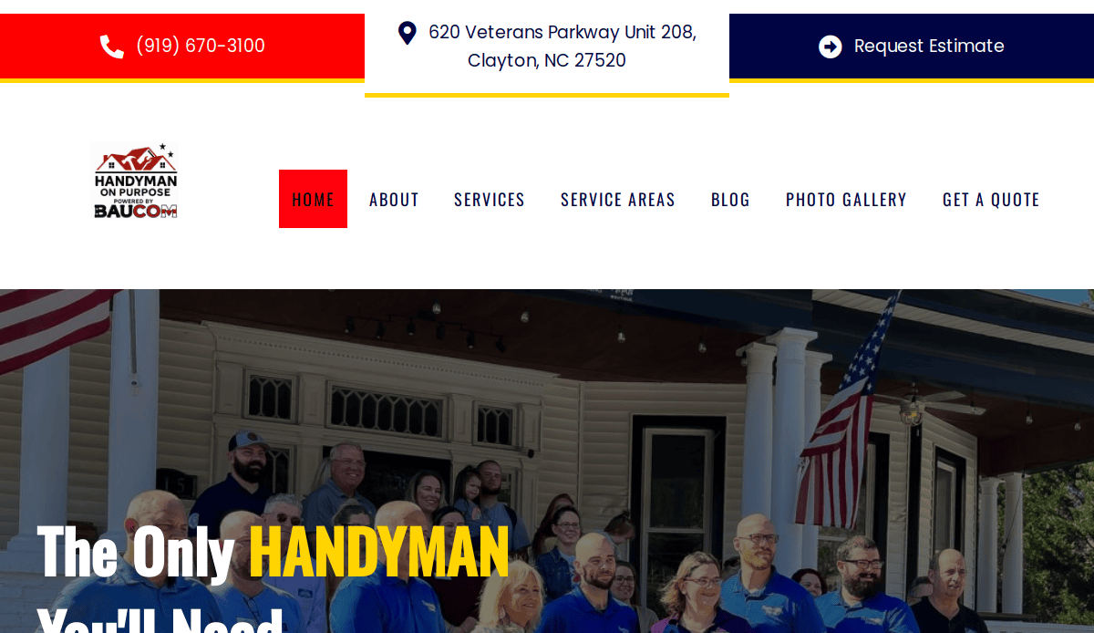 Screenshot of a handyman service website header showing contact info, navigation menu, and a group photo of staff in blue shirts standing outside a house with an American flag.