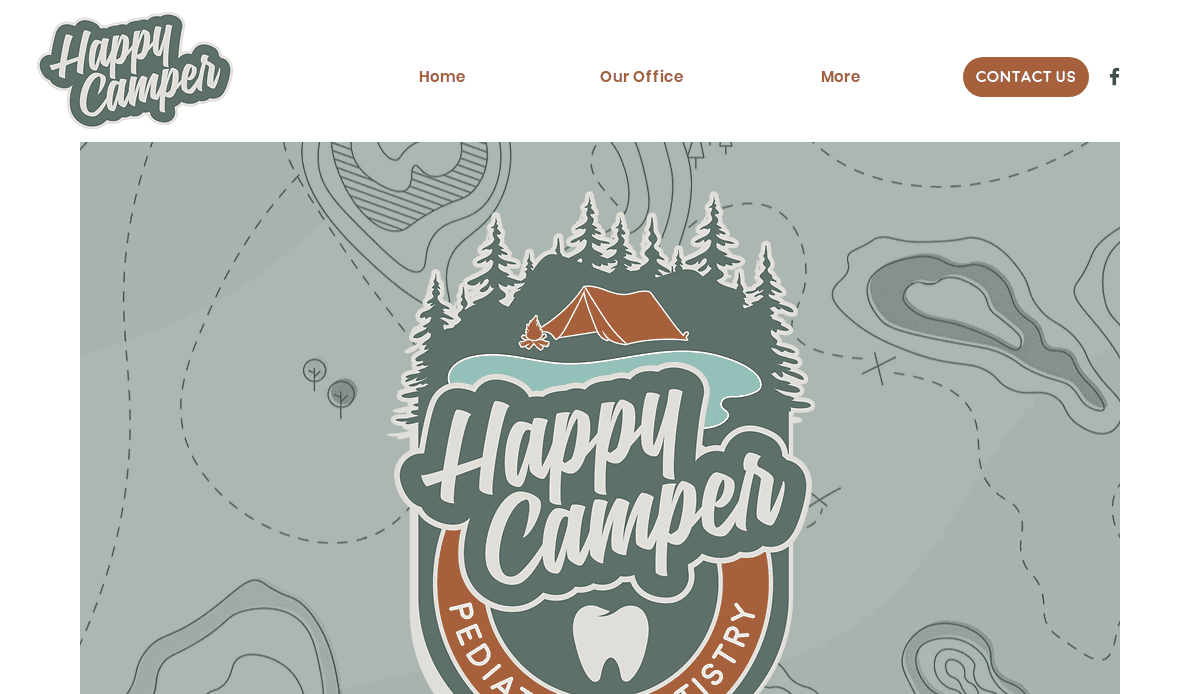 Website homepage for “Happy Camper Pediatric Dentistry” with a logo featuring a tent, trees, and a tooth, plus a navigation bar with links to Home, Our Office, More, and a “Contact Us” button. Background shows a topographic map.