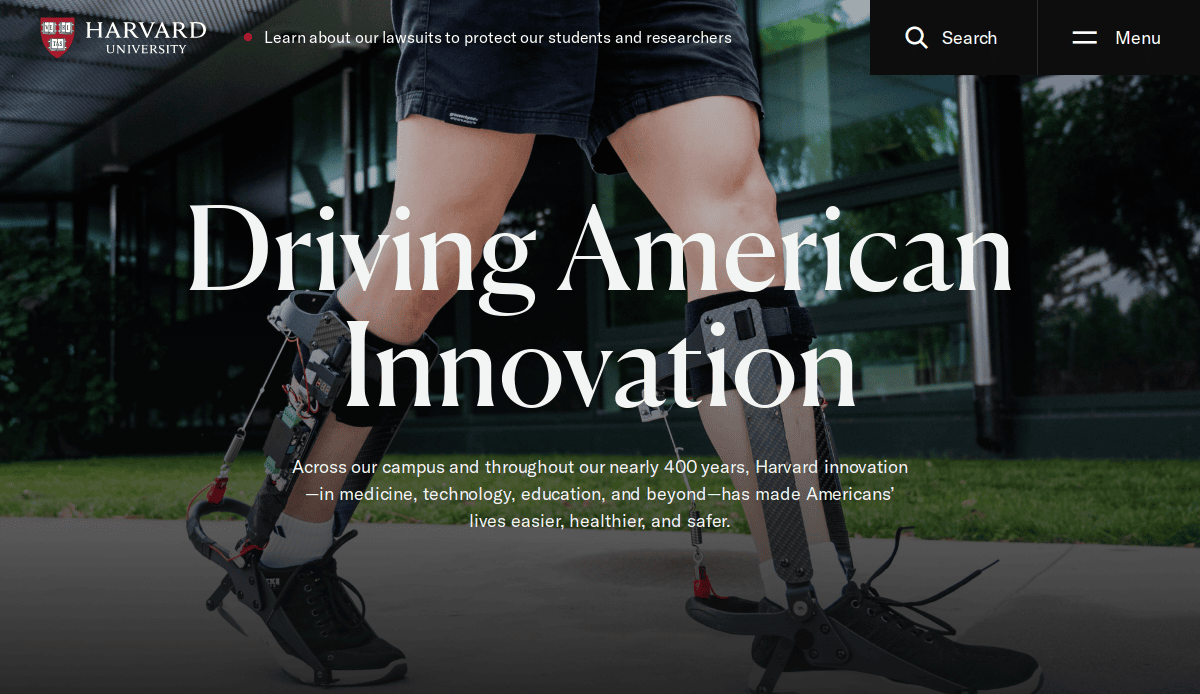 A person using prosthetic running blades stands outside a building with large windows. Text overlay reads Driving American Innovation with a brief description about Harvard Universitys impact.