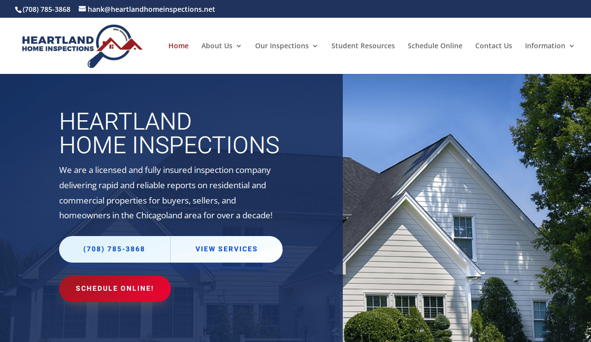 Screenshot of the Heartland Home Inspections website, showing the company logo, contact info, a white house, and text describing their home inspection services for the Chicagoland area. Blue and red buttons offer service options.