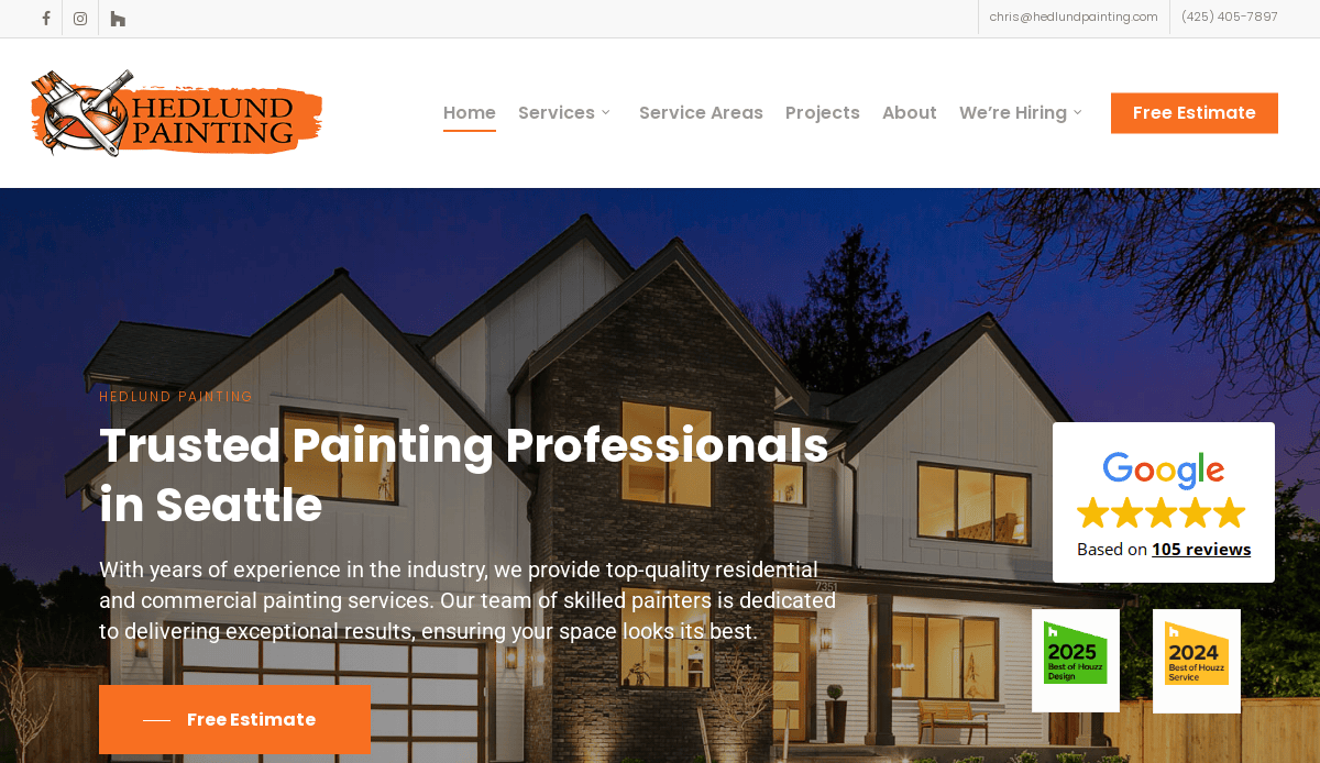 Screenshot of Hedlund Painting’s website homepage, featuring a modern two-story house at dusk, company logo, navigation menu, contact info, a Google reviews badge, and an orange Free Estimate button.