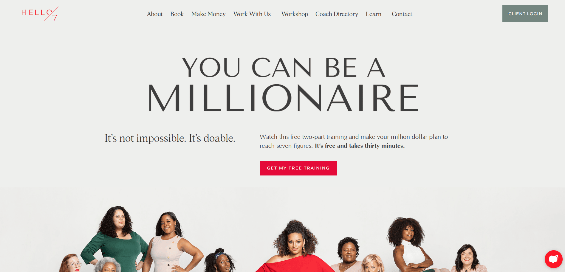 Screenshot of the Hello Seven website with the headline You can be a millionaire and a group of diverse women posing together underneath. A button says Get My Free Training. Navigation links are visible at the top.