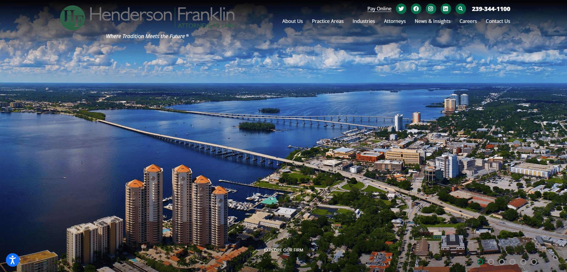 Aerial view of a coastal city with high-rise buildings, a river, bridges, and green spaces under a partly cloudy sky. The Henderson Franklin law firm logo and website menu are overlaid at the top of the image.