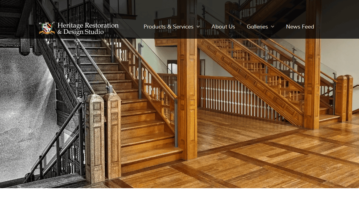 A website header for Heritage Restoration & Design Studio features a large photo of a restored wooden staircase and banister, alongside a partially black-and-white image of the same area before restoration.