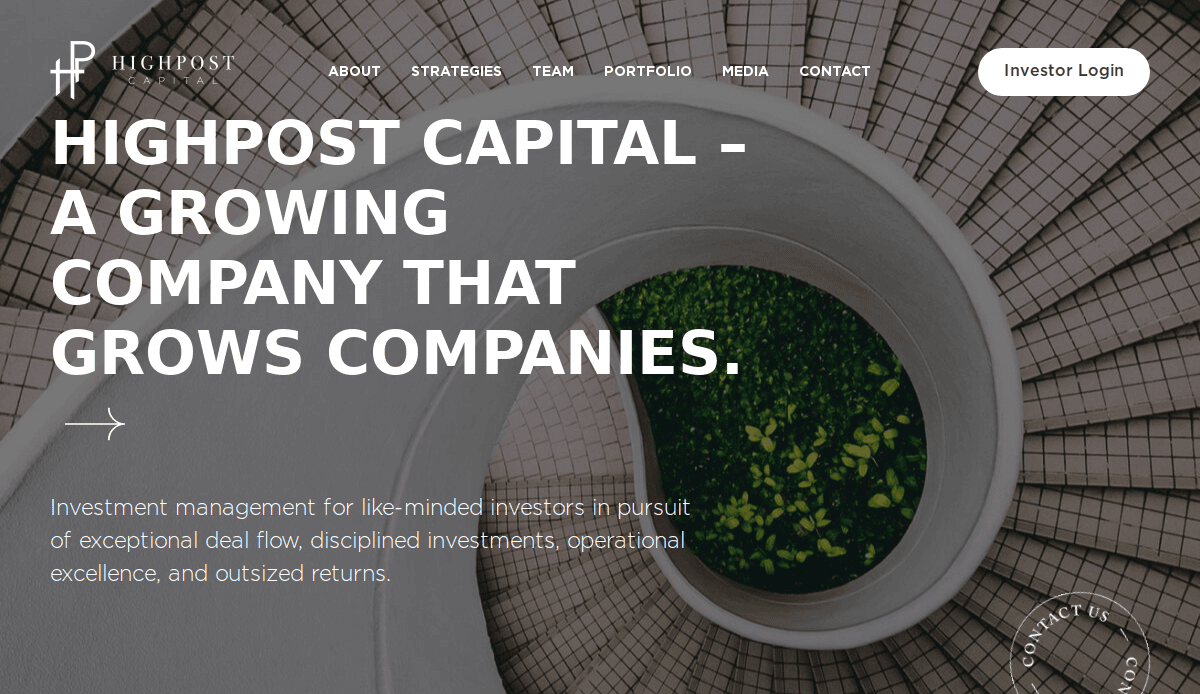 A spiral staircase viewed from above forms a circular pattern. Overlaid text reads, HighPost Capital – A Growing Company That Grows Companies, with a description of investment management services.