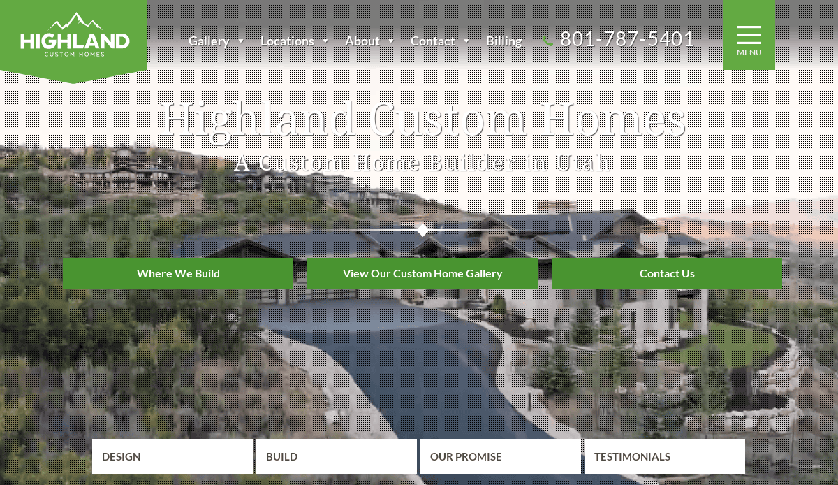 A website homepage for Highland Custom Homes shows a luxury home community in a hilly landscape, with navigation menus and green call-to-action buttons for building locations, gallery, and contact information.