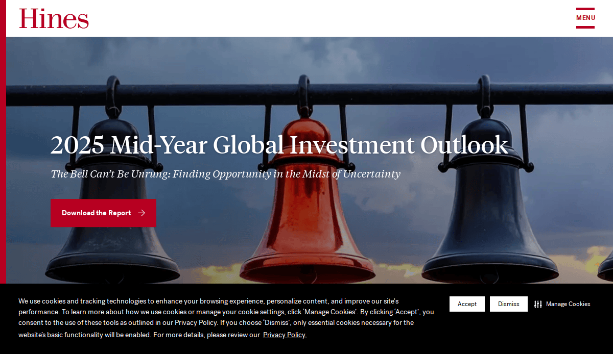 A website banner for Hines displays three large hanging bells with a cloudy sky in the background. The text reads “2025 Mid-Year Global Investment Outlook” with options to download a report and manage cookies.