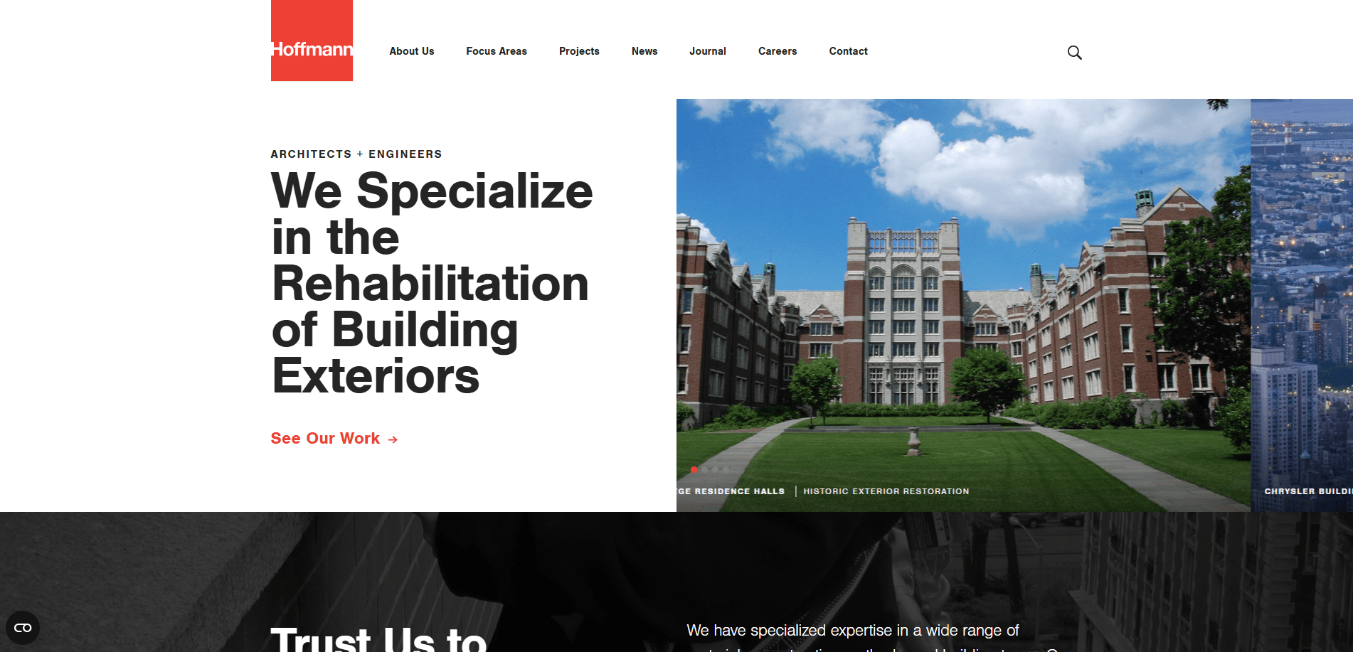 Screenshot of a website for Hoffmann Architects + Engineers, featuring a large headline stating, “We Specialize in the Rehabilitation of Building Exteriors,” with an image of a historic college building and navigation menu at the top.