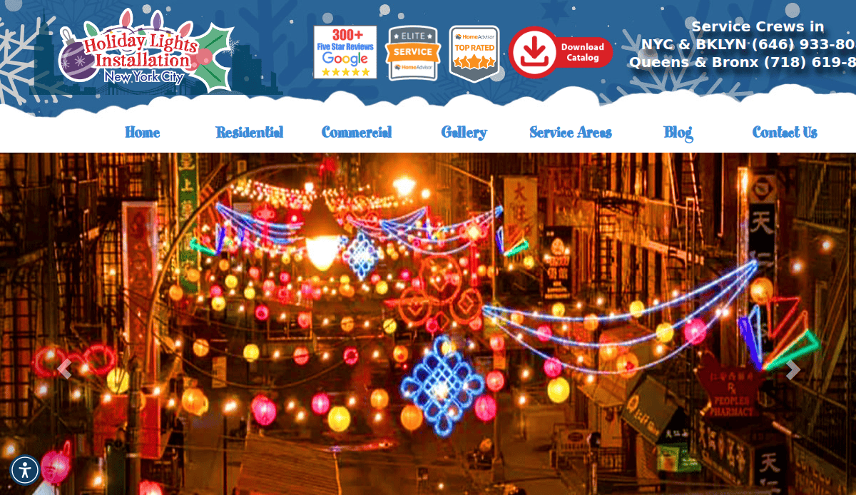 Colorful holiday lights and lanterns decorate a city street at night. The image is from the website of Holiday Lights Installation, New York City, with service information and navigation menu at the top.