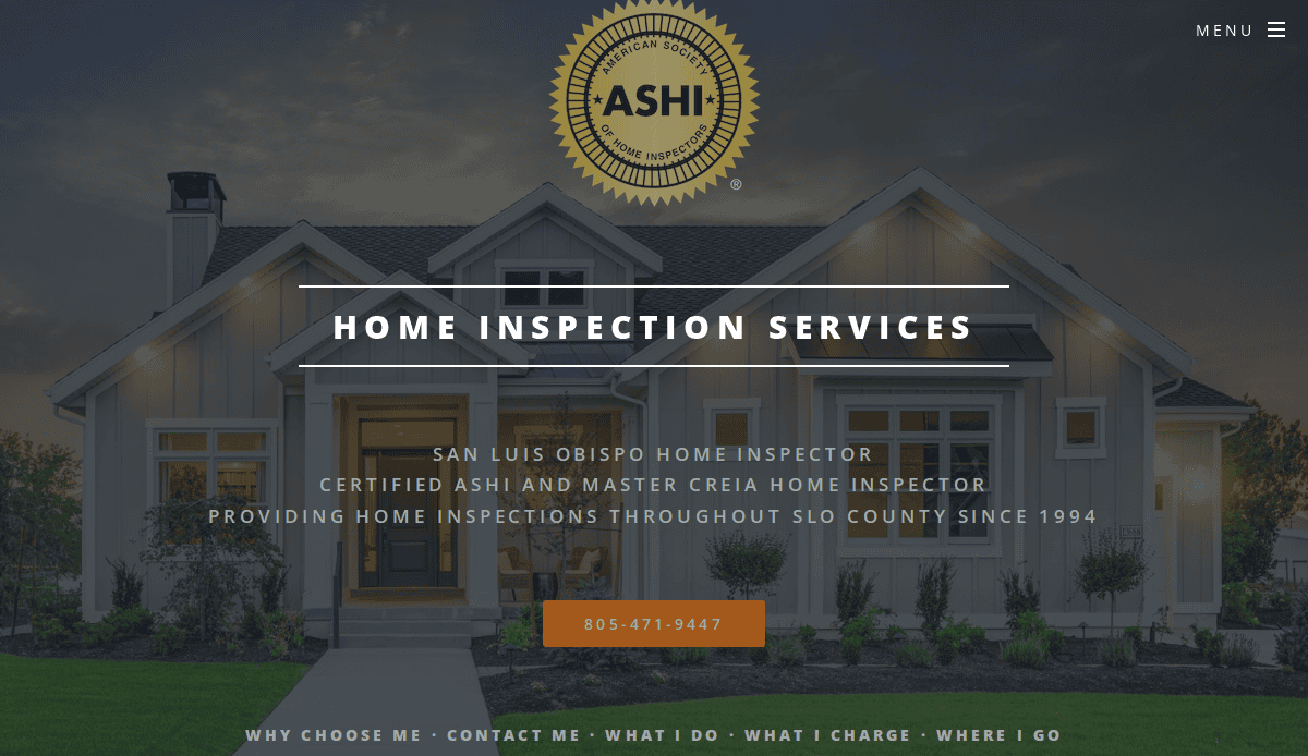 A well-lit modern house at dusk with an ASHI certification seal above text for home inspection services in San Luis Obispo County. A contact phone number and navigation menu are visible.