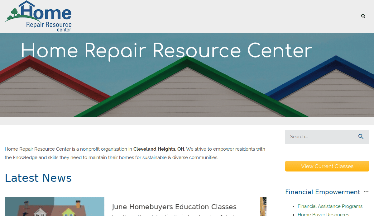 Screenshot of the Home Repair Resource Center website, showing a banner with colorful house rooftops, site navigation, a brief description, and buttons for viewing classes and accessing news and resources.