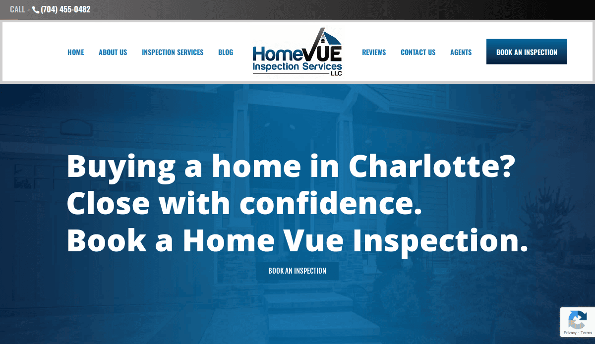 Screenshot of the Home Vue Inspection Services website showing a blue overlay with white text: Buying a home in Charlotte? Close with confidence. Book a Home Vue Inspection. Website menu and contact phone number are visible at the top.