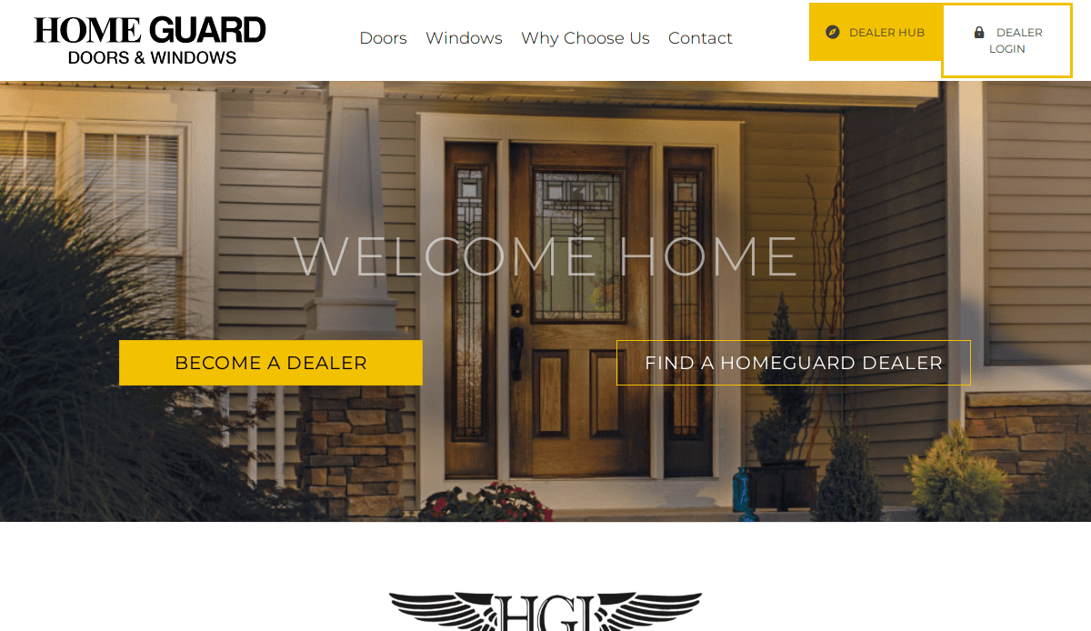 Homepage of Home Guard Doors & Windows, featuring a front door with glass panels, beige siding, and landscaping. Menu options and yellow buttons for dealer hub, login, and finding or becoming a dealer are visible.