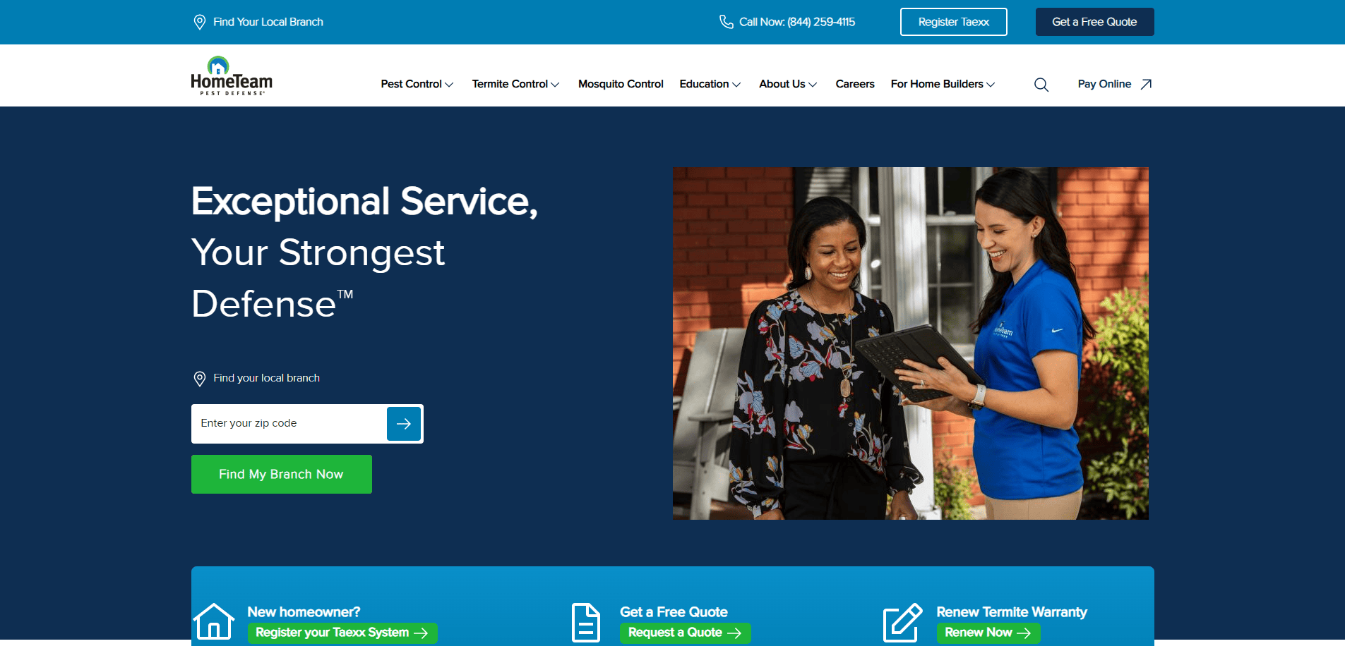 Two women stand outside smiling; one holds a tablet while the other gestures toward it. The website promotes pest control services with a blue banner reading Exceptional Service, Your Strongest Defense.