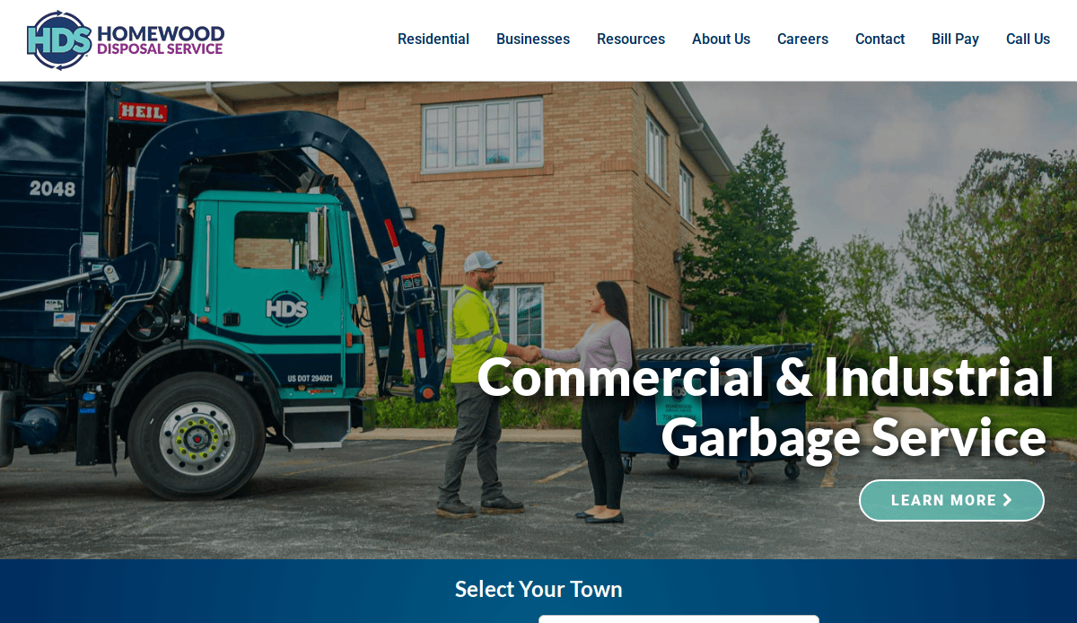 A garbage truck driver in uniform shakes hands with a woman near a commercial dumpster outside a brick building, with the text “Commercial & Industrial Garbage Service” on the image.