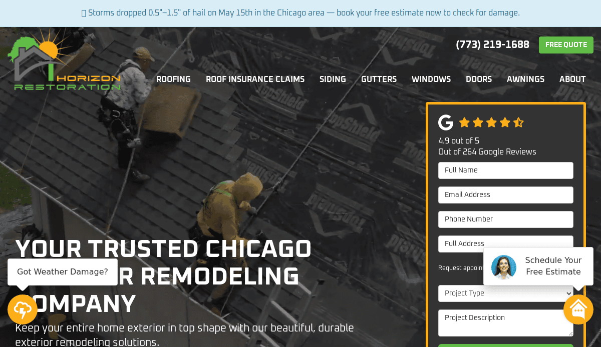 Two workers in yellow protective gear repair a shingled roof. The website overlay includes the Horizon Restoration logo, a contact form, and navigation for services like roofing, siding, and windows.