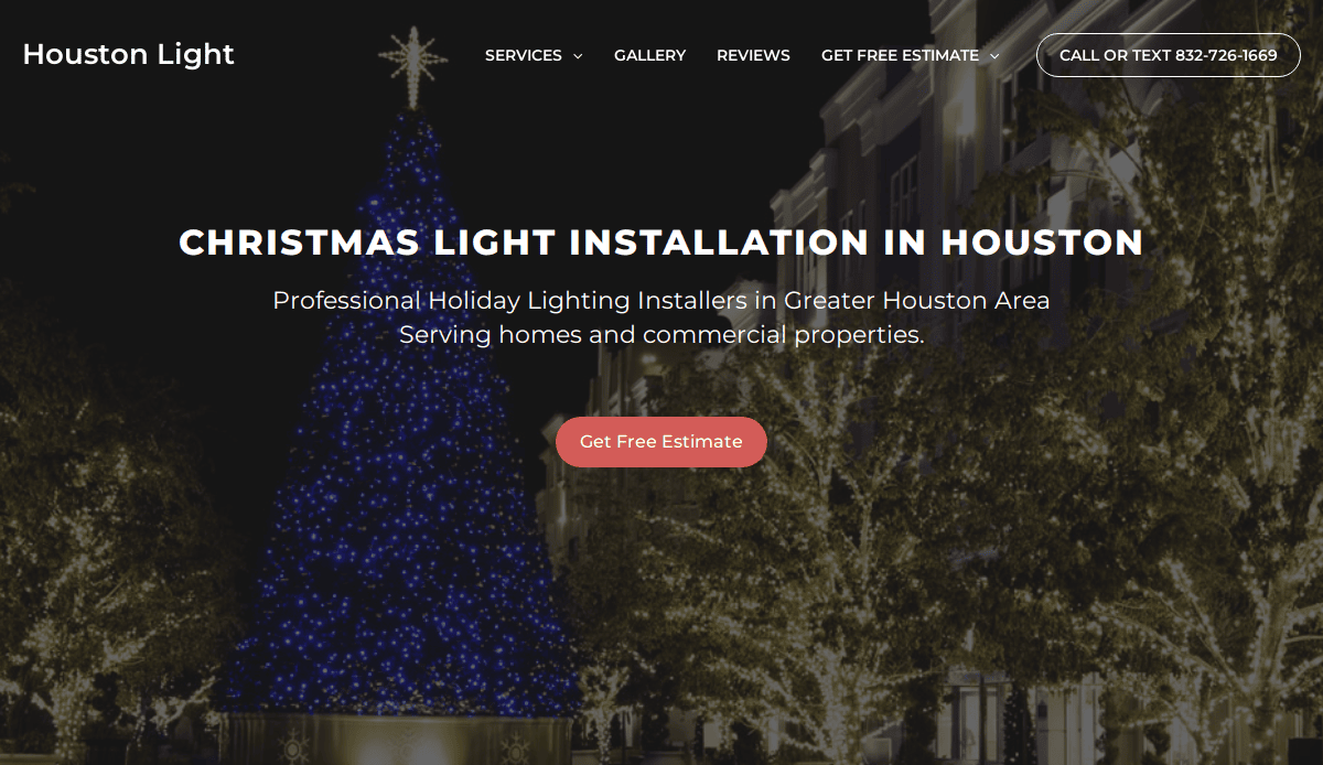 A city street at night decorated with Christmas lights, including a tall, blue-lit Christmas tree with a glowing star on top. The website text promotes Christmas light installation services in Houston.