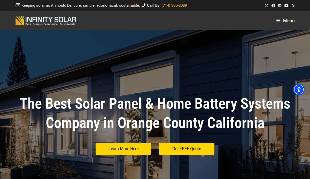 Website homepage for Infinity Solar, featuring a modern house at dusk with lit windows. Text reads: The Best Solar Panel & Home Battery Systems Company in Orange County California. Buttons for Learn More Here and Get FREE Quote.