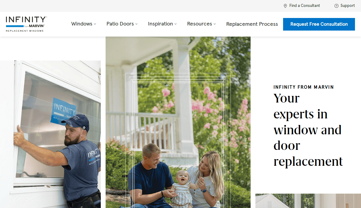 A worker installs a window, while a family of three sits on a porch. Text reads: INFINITY FROM MARVIN Your experts in window and door replacement. Website menu and blue Request Free Consultation button shown.