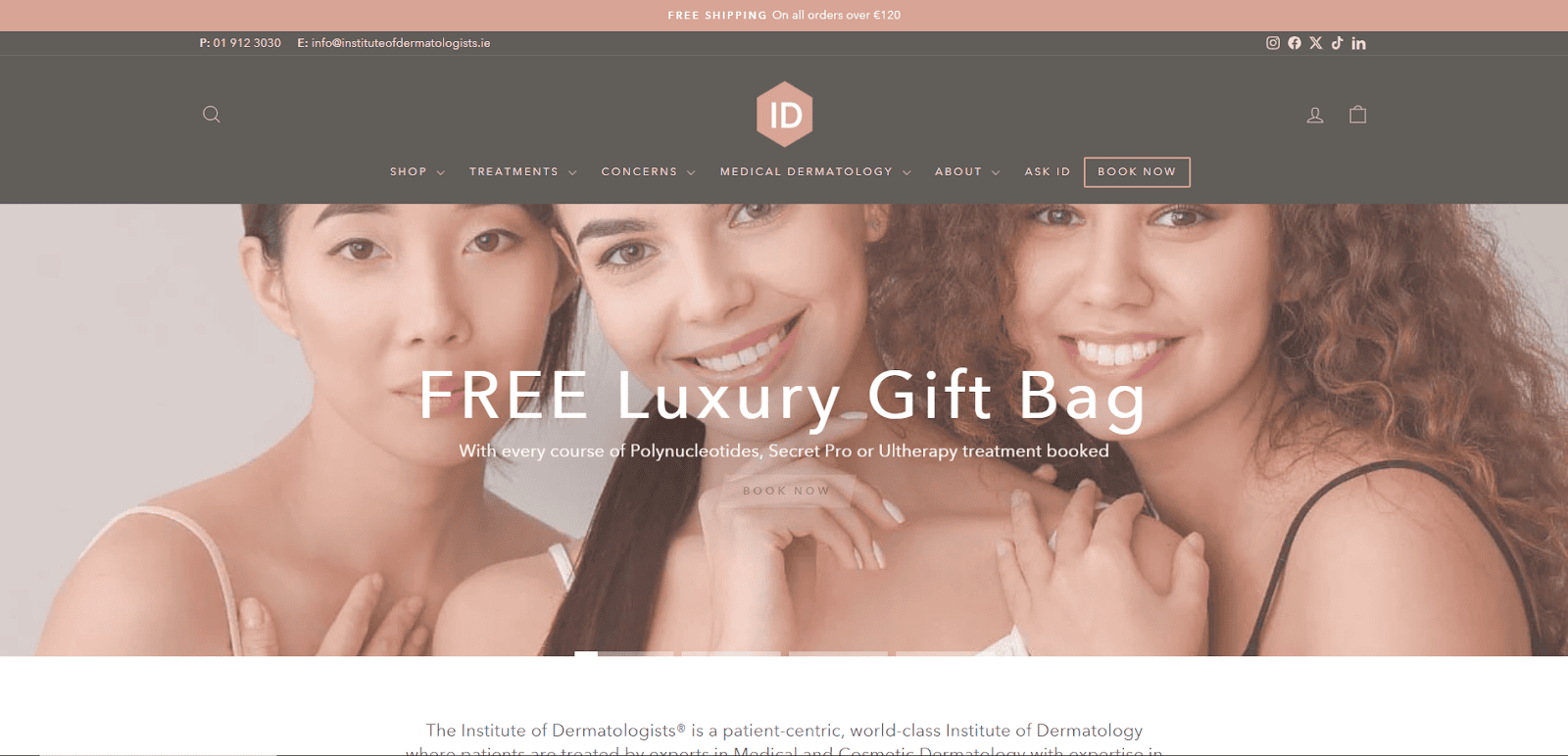 Three women with glowing skin smile at the camera. Banner text reads FREE Luxury Gift Bag with details about an offer for a gift bag with selected dermatology treatments at the Institute of Dermatologists.
