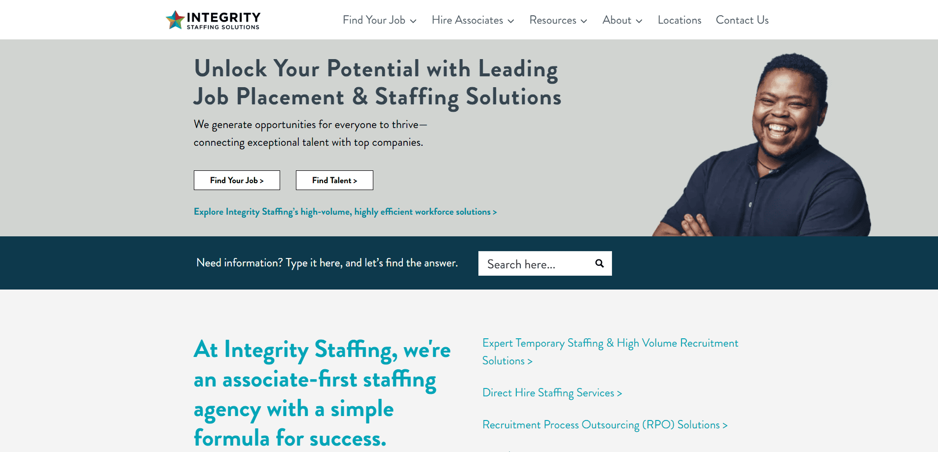 Screenshot of Integrity Staffing Solutions’ website homepage, featuring a smiling man on the right and text promoting job placement and staffing services. A navigation menu and search bar appear at the top of the page.