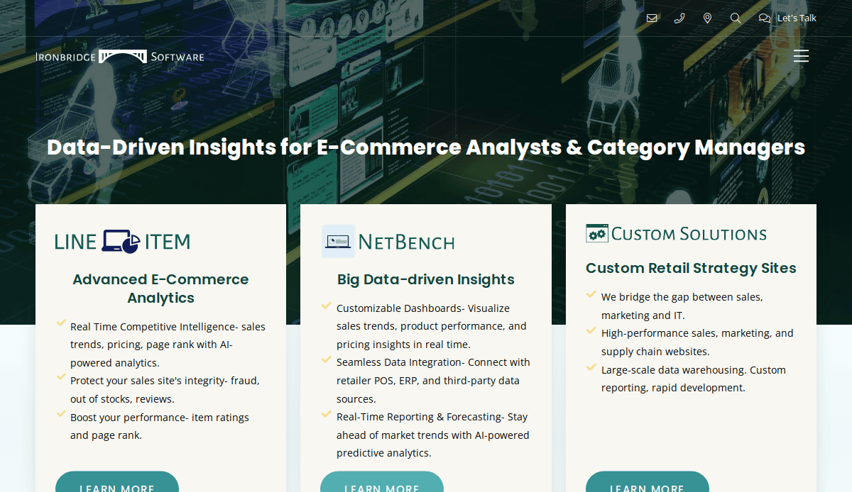 Screenshot of Ironbridge Software’s website, showing three service offerings: Advanced E-Commerce Analytics, Big Data-driven Insights, and Custom Retail Strategy Sites, each with descriptions and Learn More buttons.