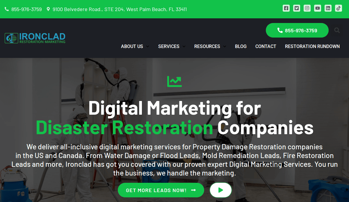 Screenshot of the Ironclad Restoration Marketing website homepage, featuring a team in protective suits cleaning a room. The headline reads, Digital Marketing for Disaster Restoration Companies.
